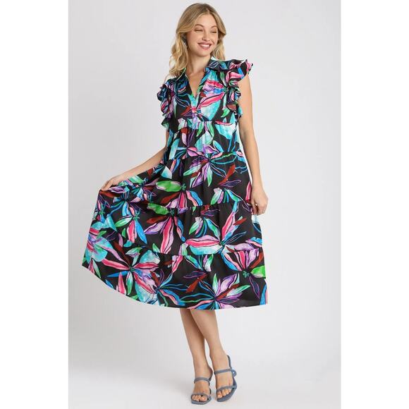 Umgee Leaf Print Double Layered Ruffle Sleeve Tiered Midi Dress Plus Size
